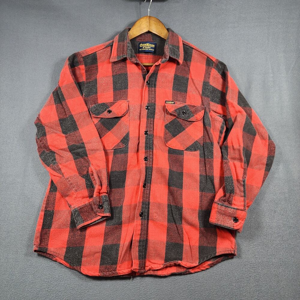 OshKosh Mens Flannel Shirt Medium Red Buffalo Plaid Utility Shacket Woodsman VTG